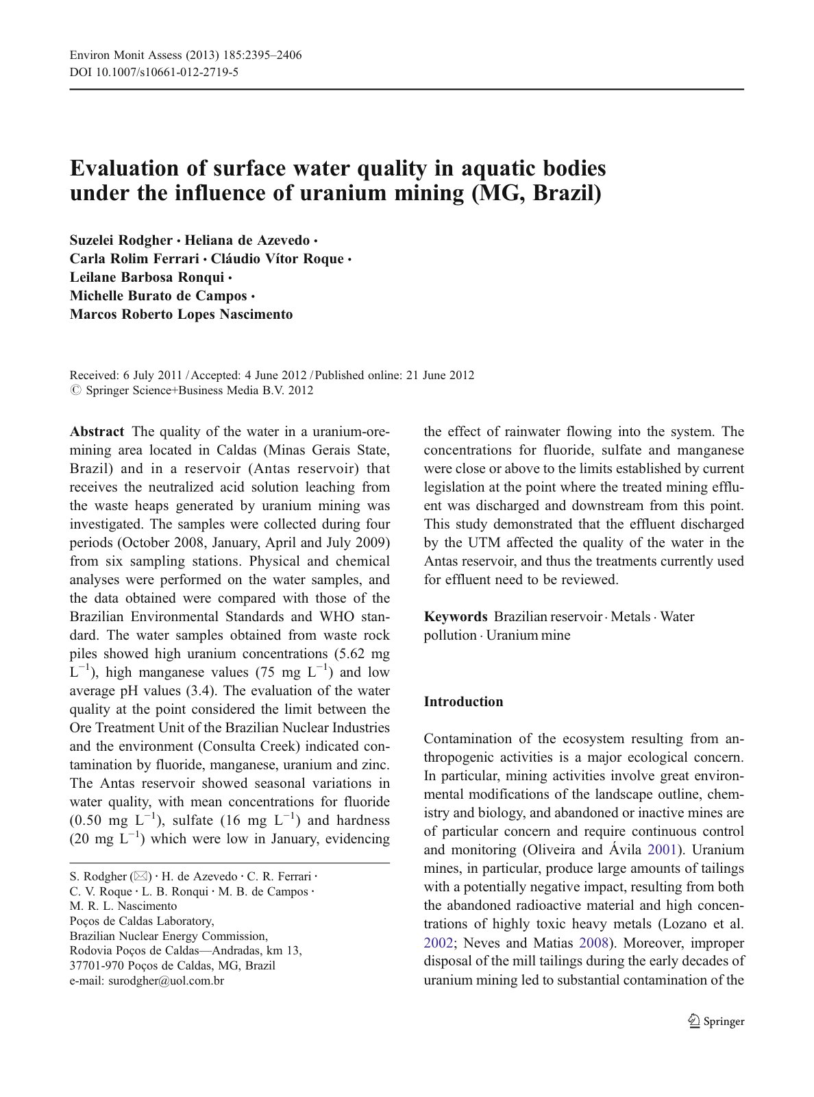 First page of Evaluation of surface water quality in aquatic bodies under the influence of uranium mining (MG, Brazil)