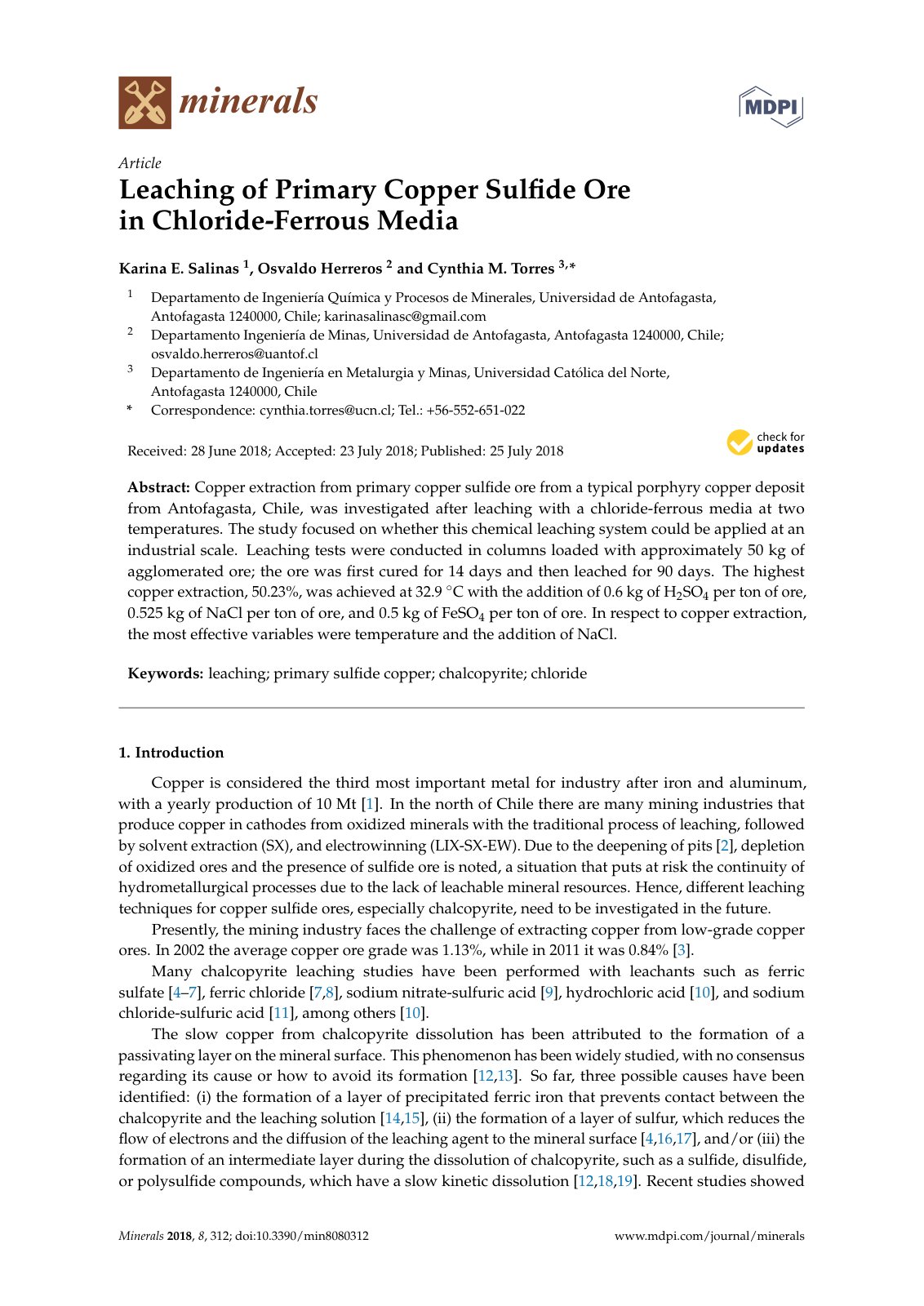 First page of Leaching of Primary Copper Sulﬁde Ore in Chloride-Ferrous Media