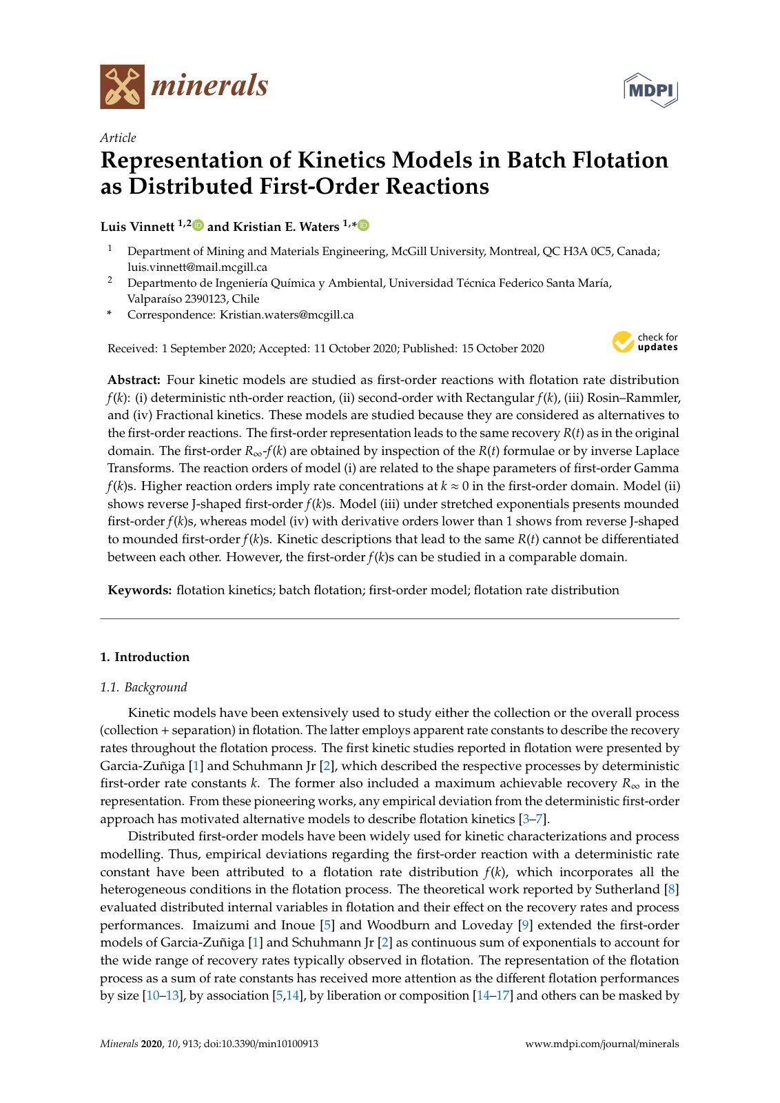 First page of Representation of Kinetics Models in Batch Flotation as Distributed First-Order Reactions