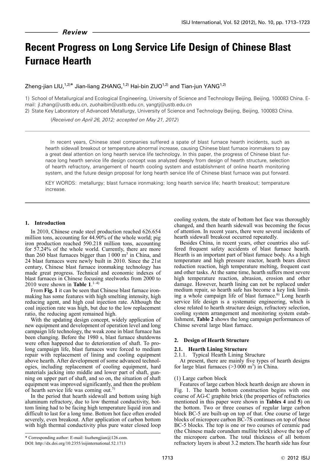 First page of 2012 Zhengjian Liu Recent Progress on Long Service Life Design of Chinese Blast Furnace Hearth isijinternational.52.1713