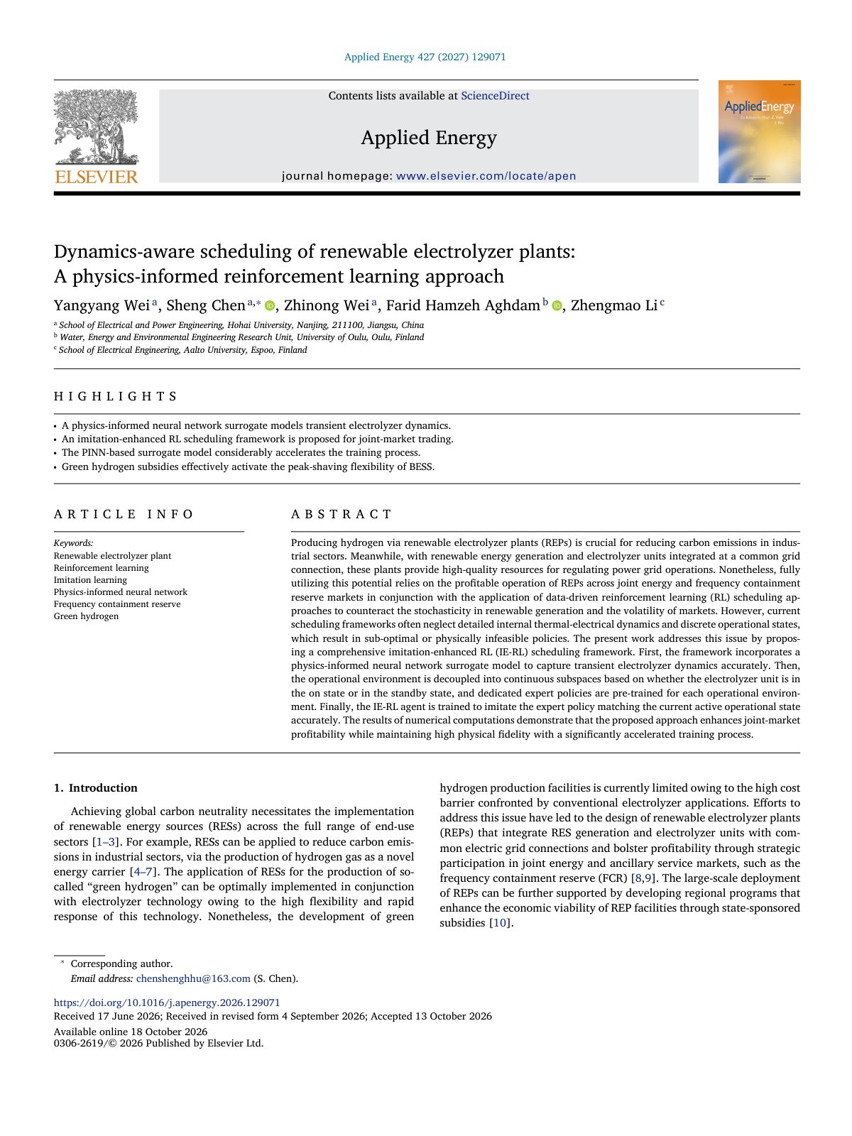 First page of Dynamics aware scheduling of renewable electrolyzer plants  A p 2027 Applied
