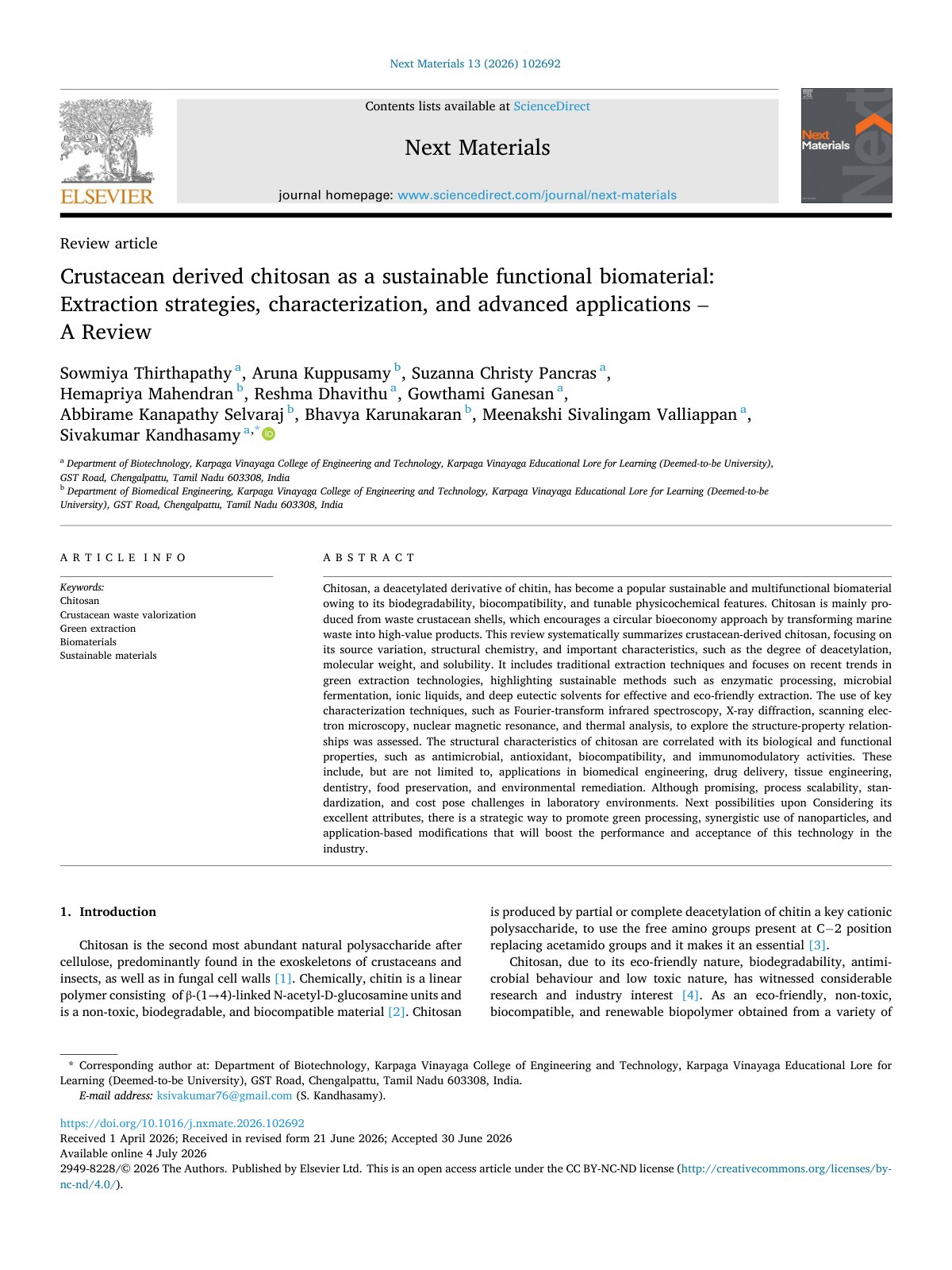 First page of Crustacean derived chitosan as a sustainable functional biomater 2026 Next M