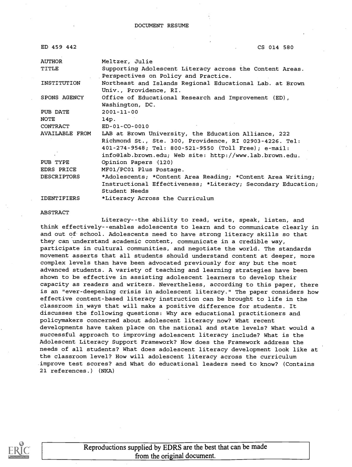 First page of Supporting Adolescent Literacy Across th