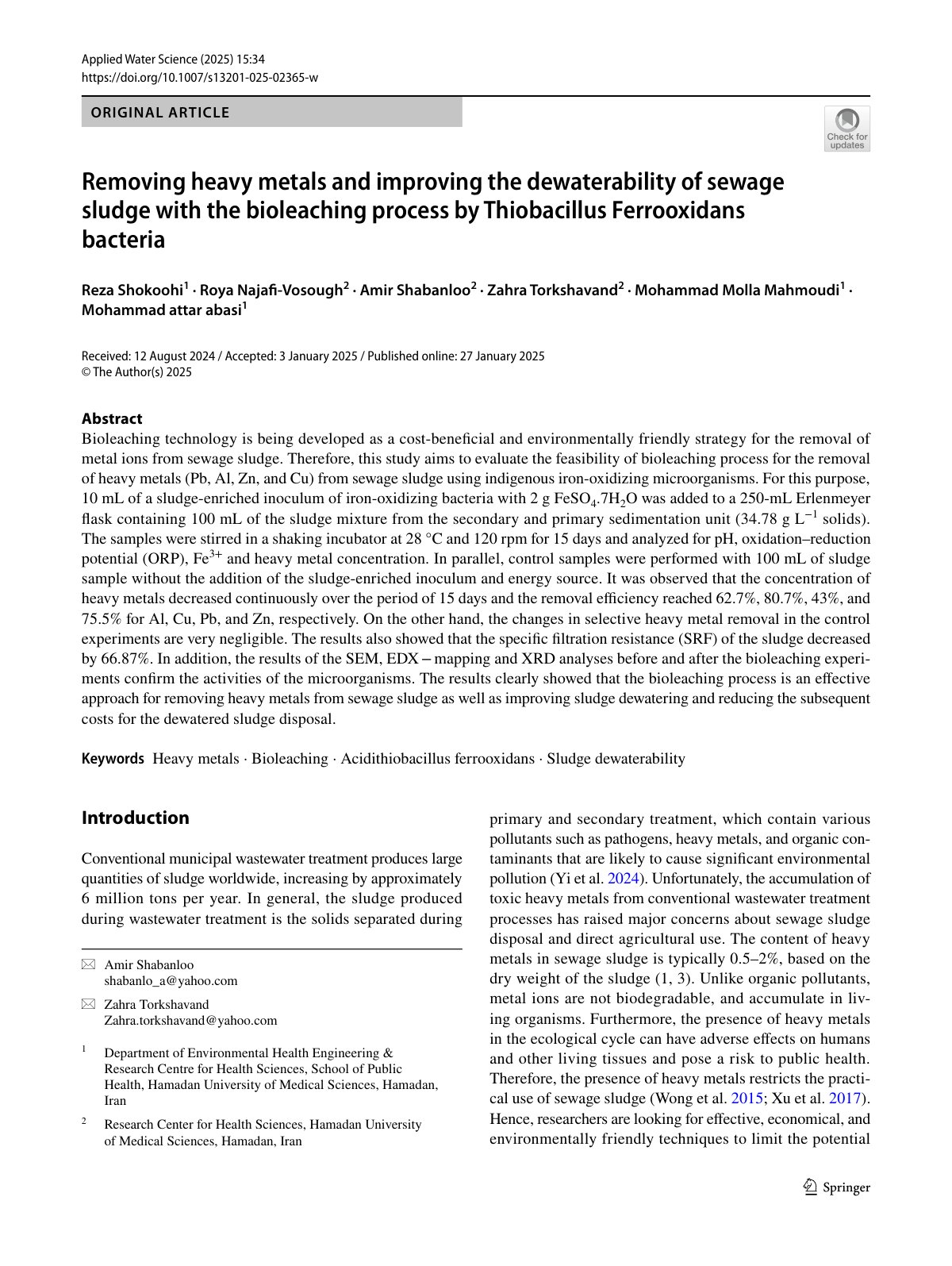 First page of Removing heavy metals and improving the dewaterability of sewage sludge with the bioleaching process by Thiobacillus Ferrooxidans bacteria