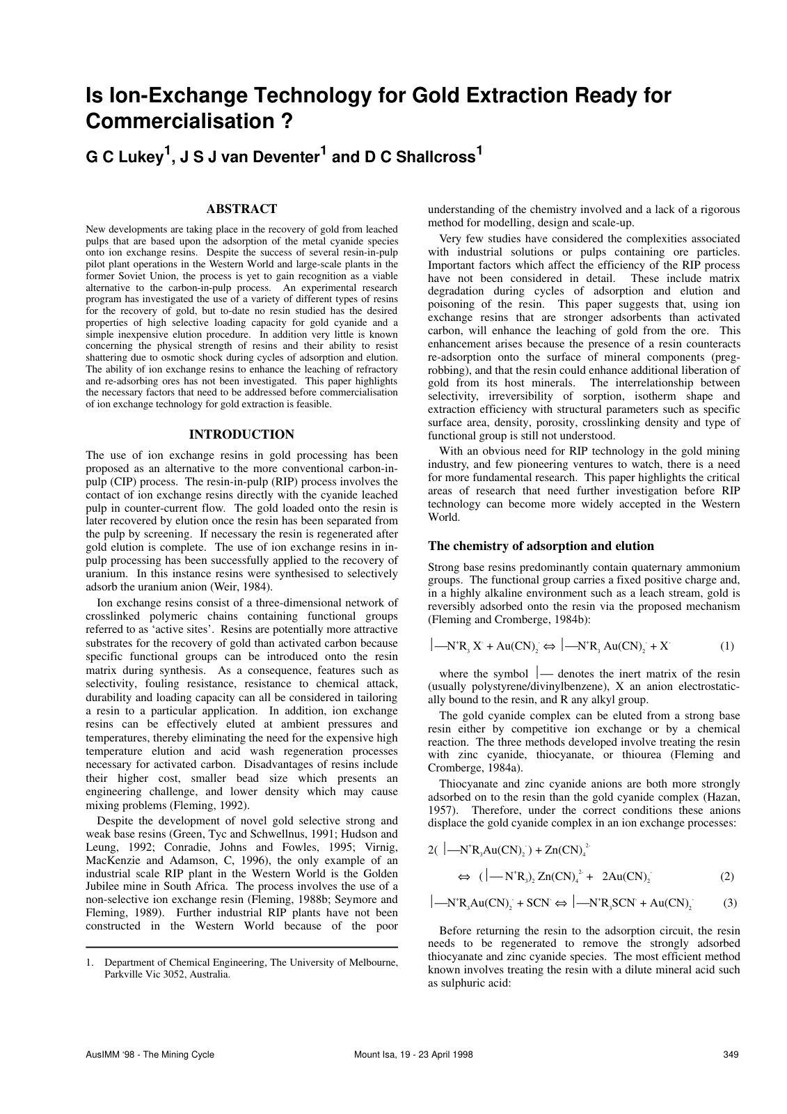First page of Is Ion-Exchange Technology for Gold Extraction Ready for Commercialisation ?