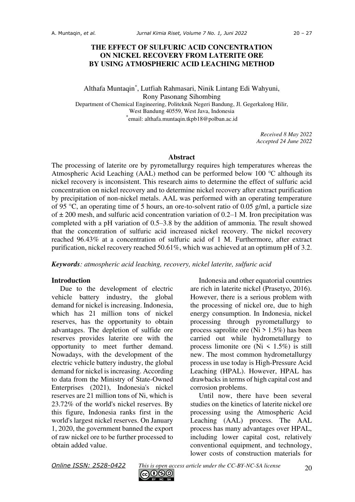 First page of Effect of Sulfuric Acid Concentration on