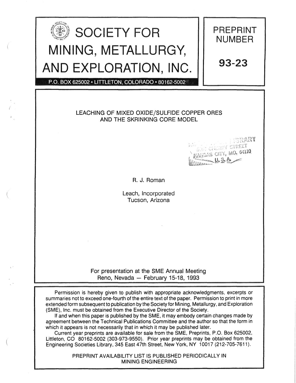 First page of Leaching of Mixed Oxide/Sulfide Copper Ores and the Shrinking Core Model