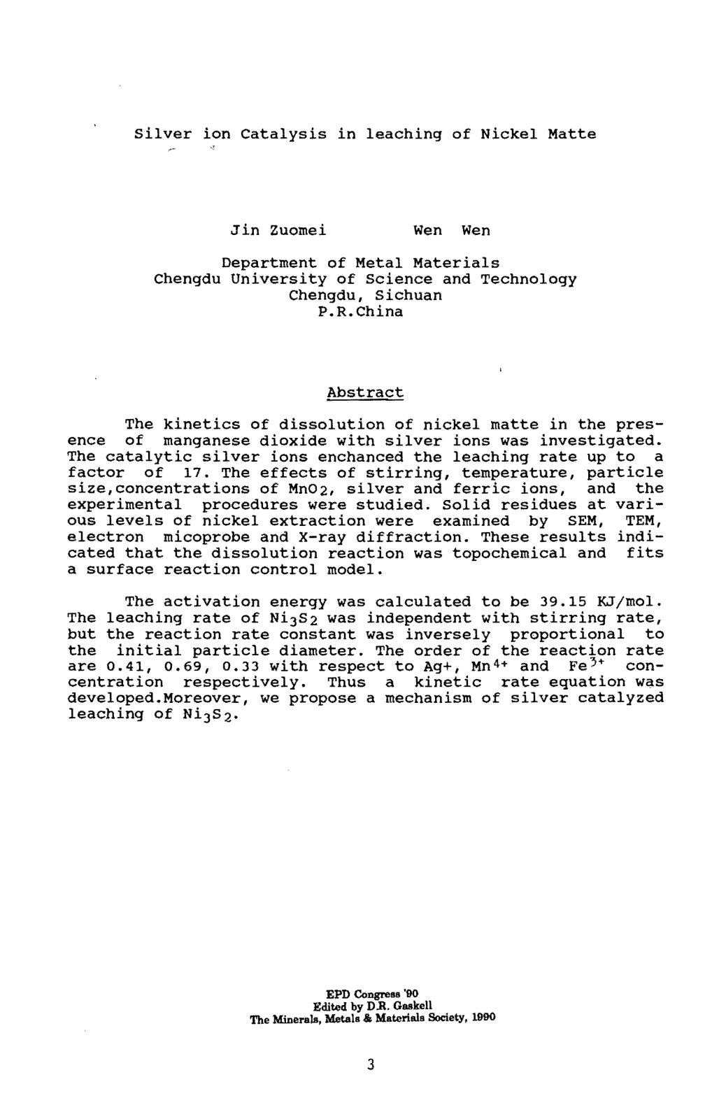 First page of Silver ion catalysis in leaching of Nickel Matte