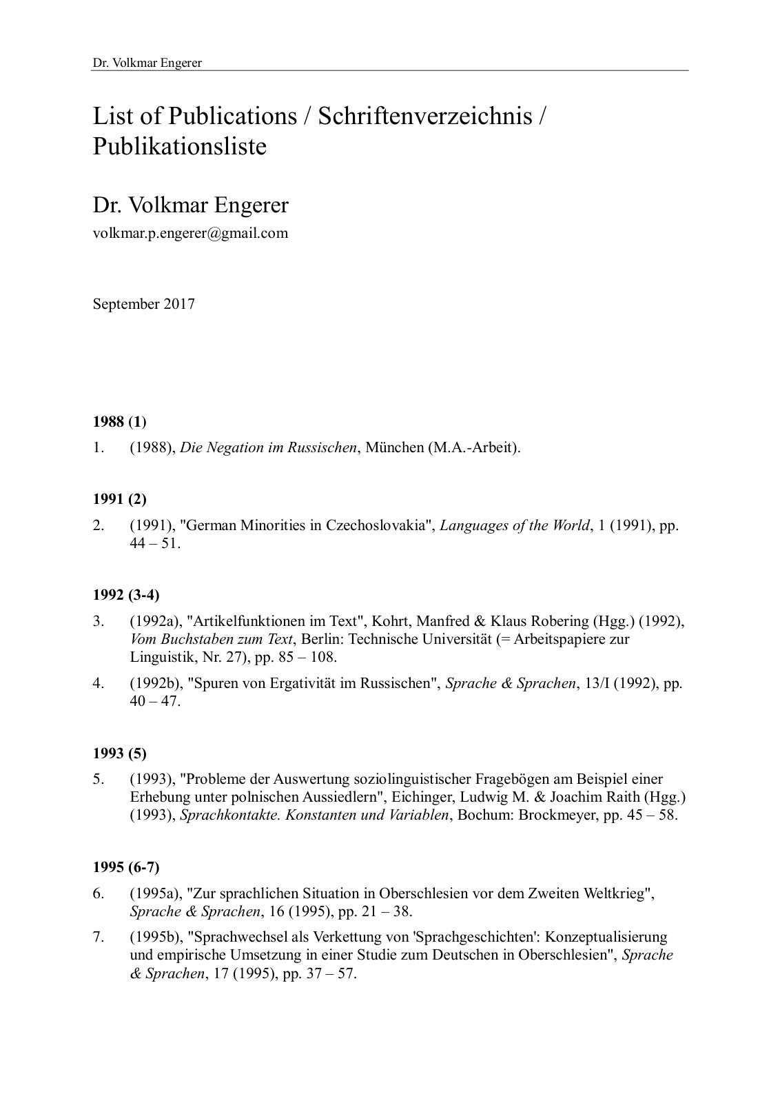 First page of List of Publications / Schriftenverzeichnis / Publikationsliste