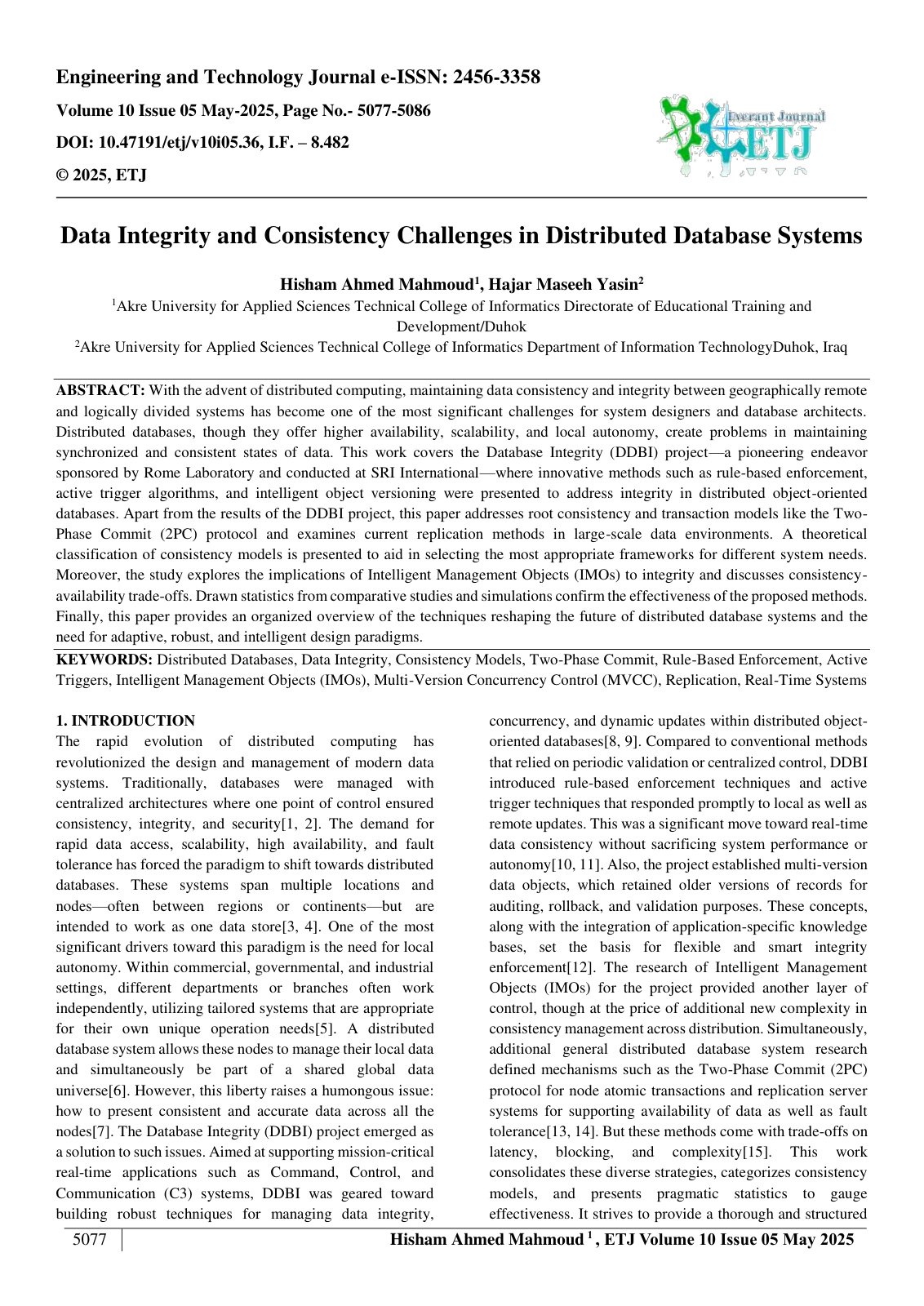 First page of Data Integrity and Consistency Challenges in Distributed Database Systems  