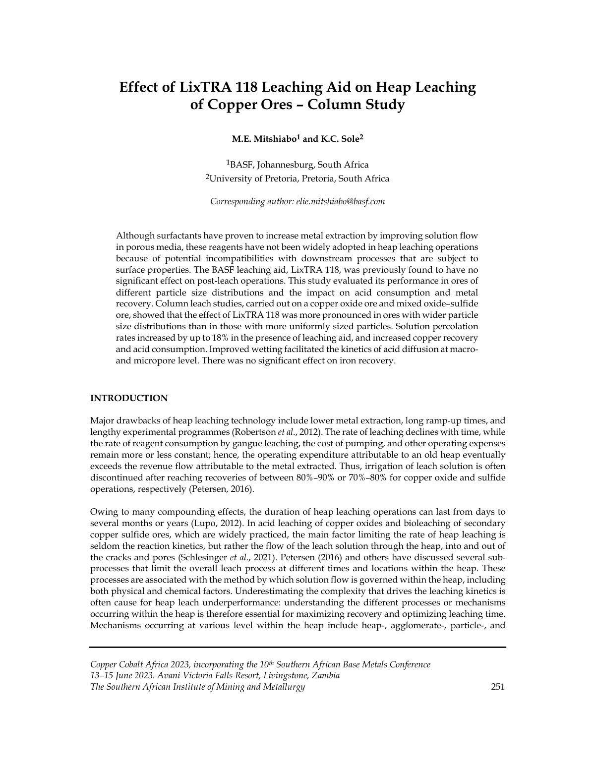 First page of Effect of LixTRA 118 Leaching Aid on Heap Leaching of Copper Ores – Column Study