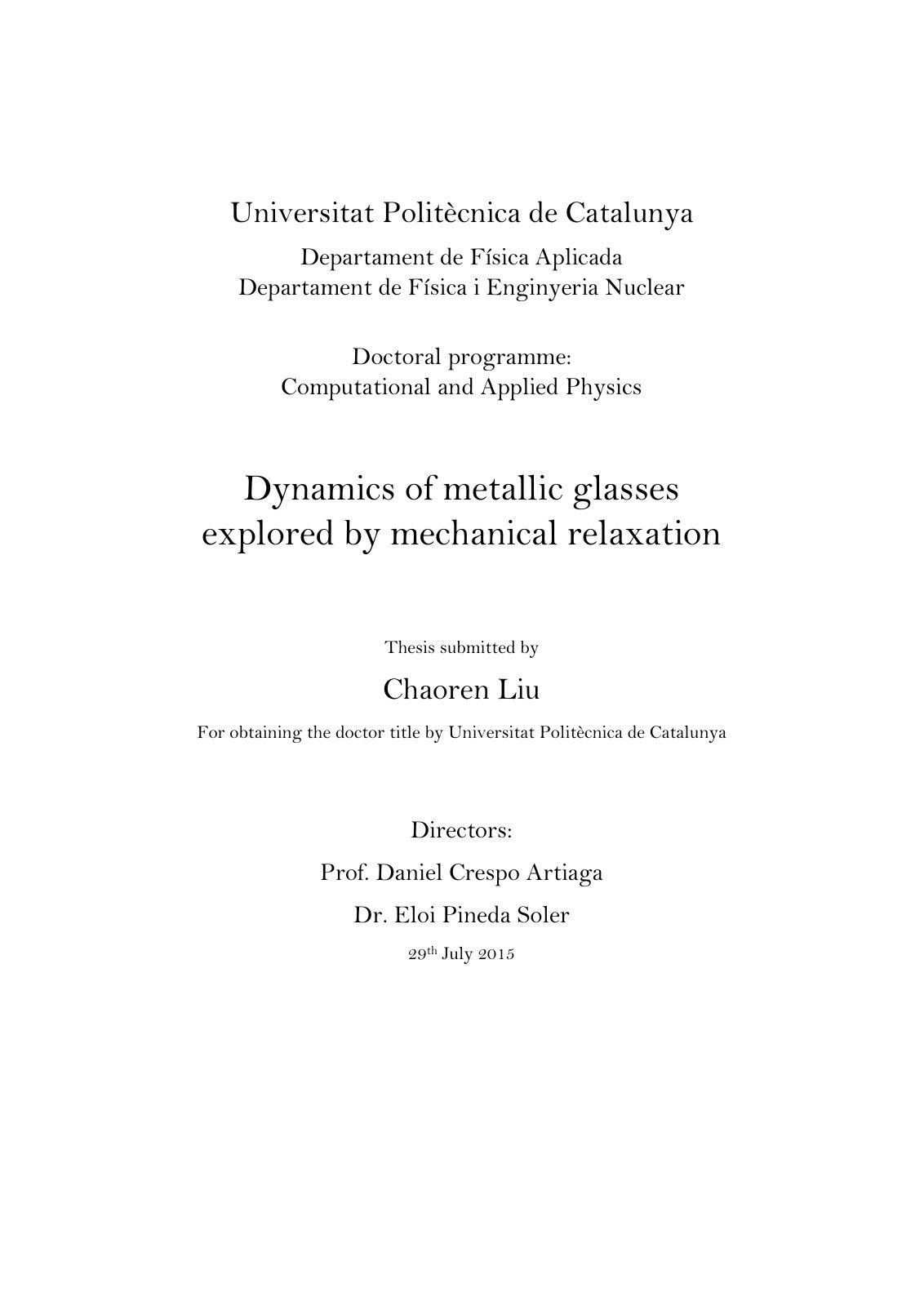First page of Dynamics of metallic glasses explored by mechanical relaxation