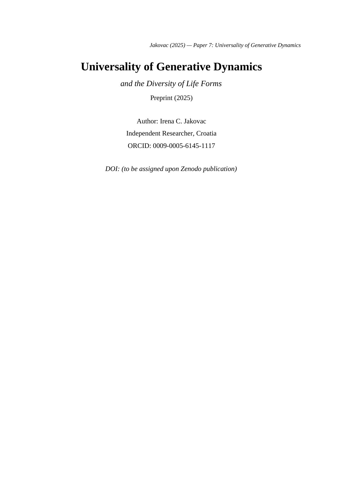First page of Universality of Generative Dynamics Life