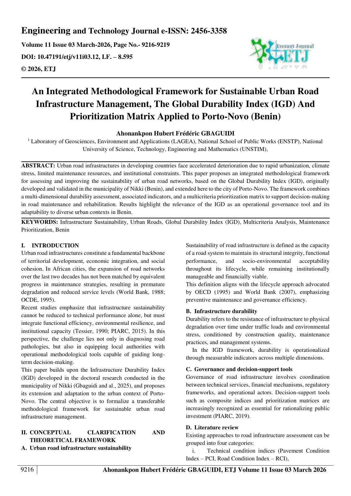 First page of An Integrated Methodological Framework for Sustainable Urban Road  Infrastructure Management, The Global Durability Index (IGD) And  Prioritization Matrix Applied to Porto-Novo (Benin) 