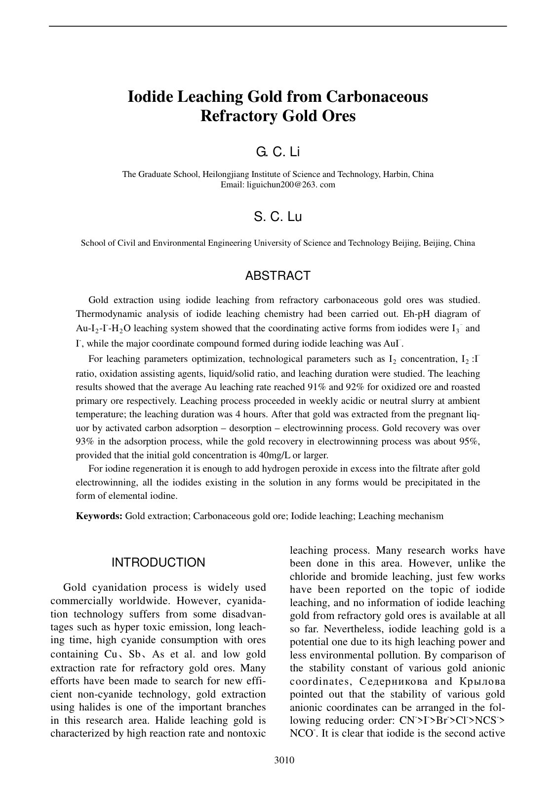 First page of Iodide Leaching Gold from Carbonaceous Refractory Gold Ores