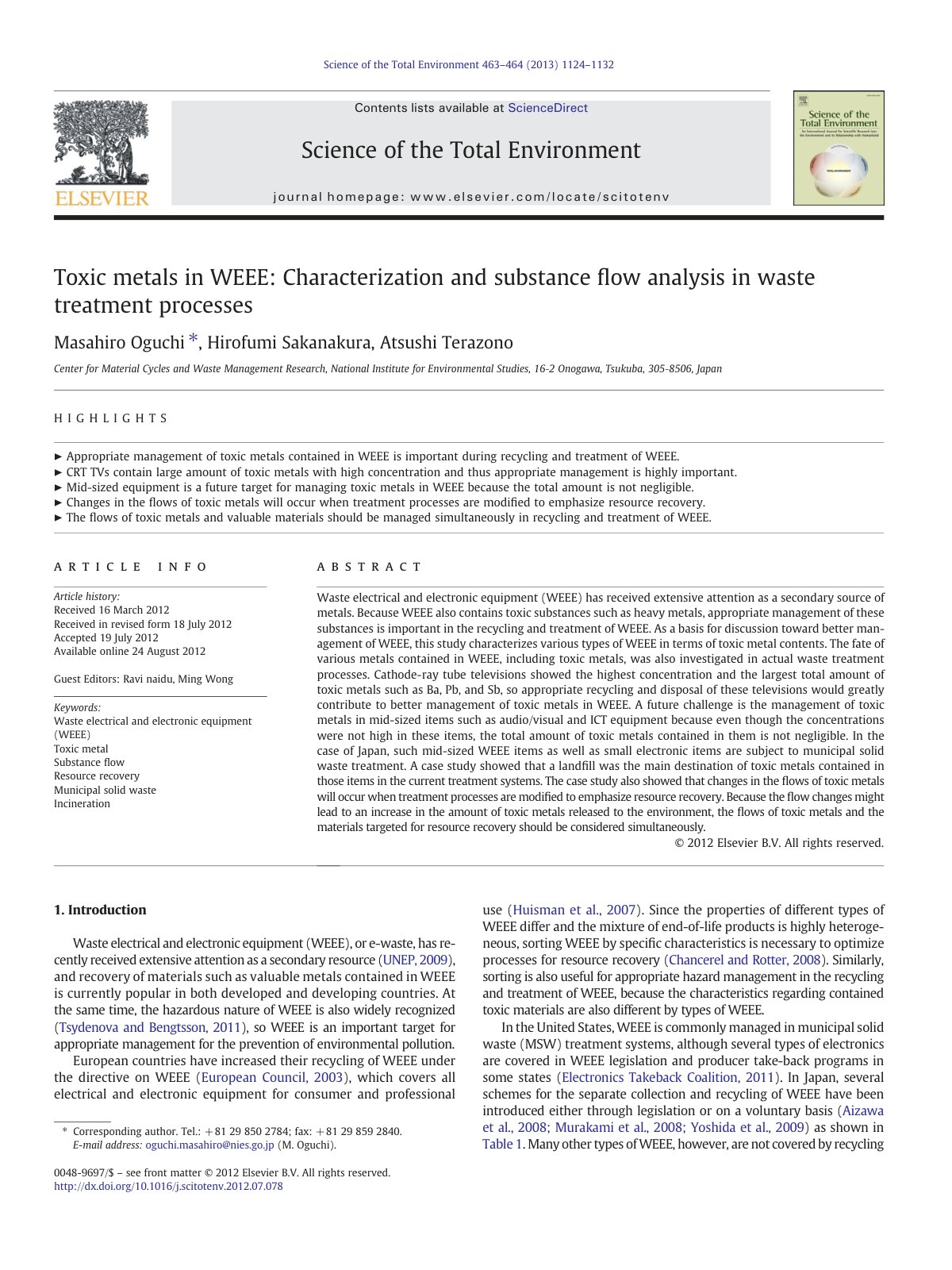 First page of Toxic metals in WEEE Characterization an