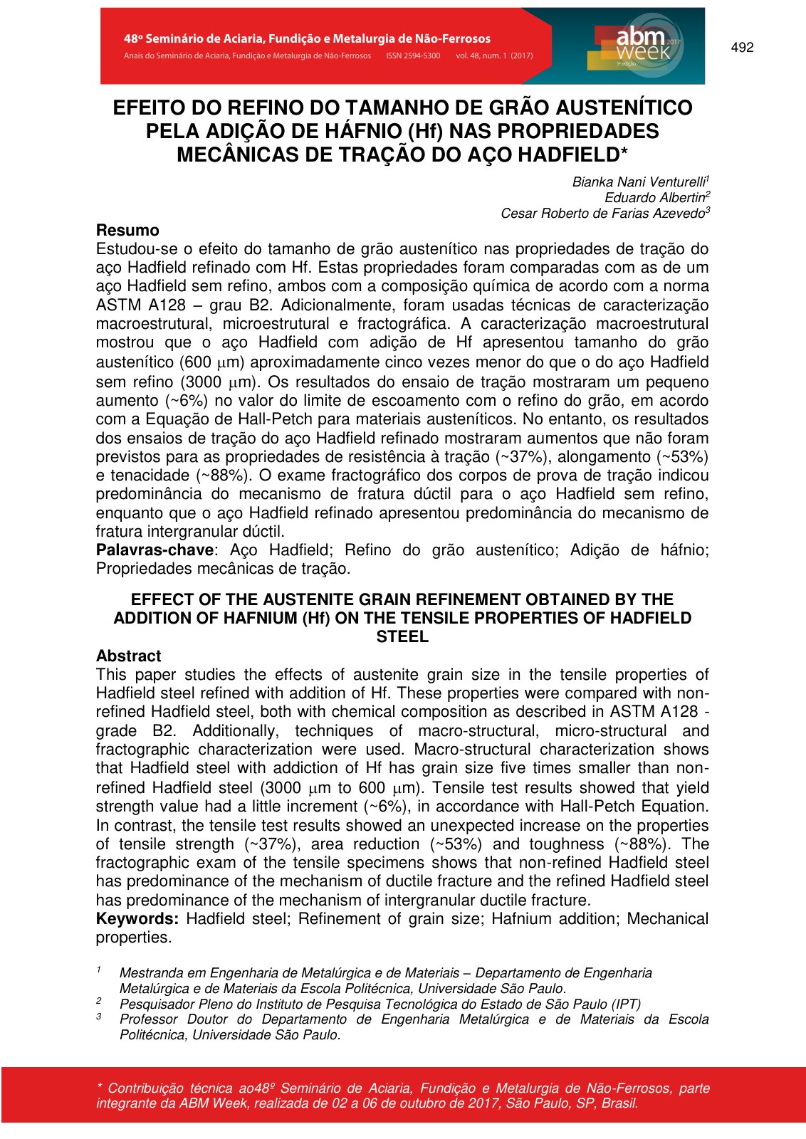 First page of Efeito do refino do tamanho de grão austenítico pela adição de háfnio (Hf) nas propriedades mecânicas de tração do aço Hadfield