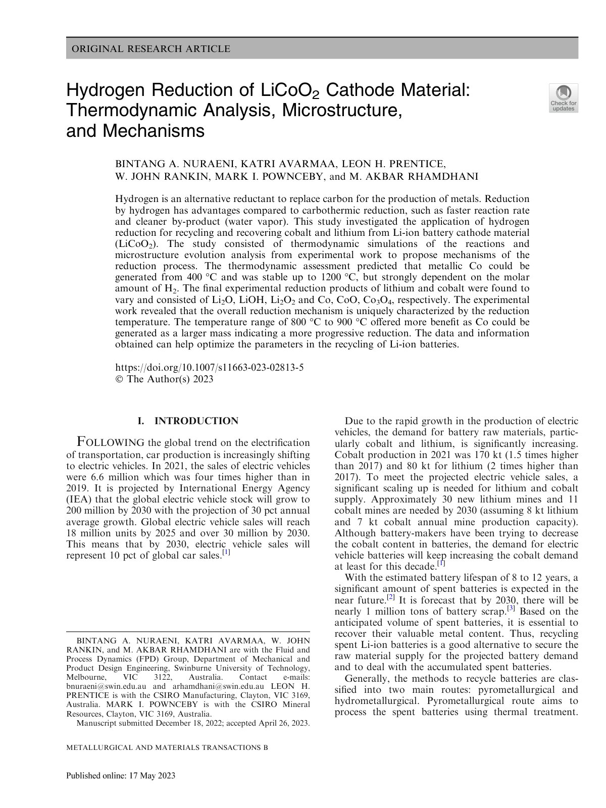 First page of Hydrogen Reduction of LiCoO2 Cathode Mat