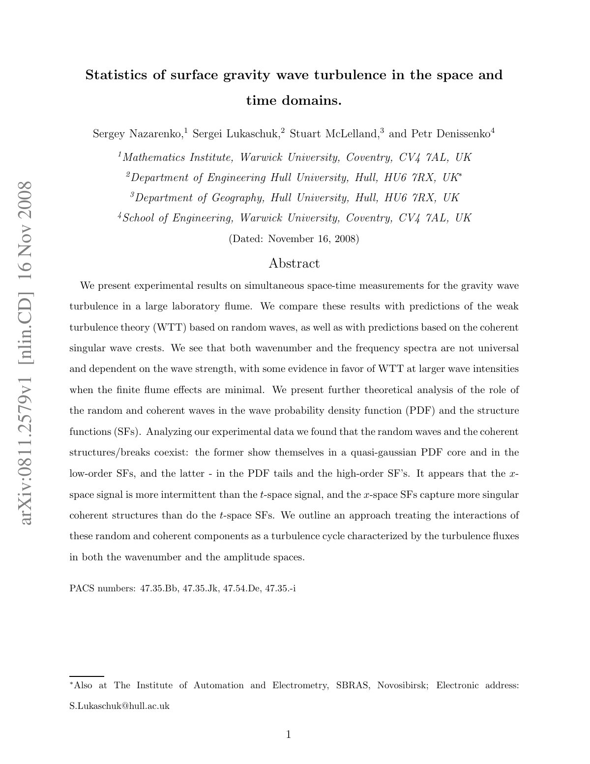 First page of Statistics of surface gravity wave turbulence in the space and time domains.