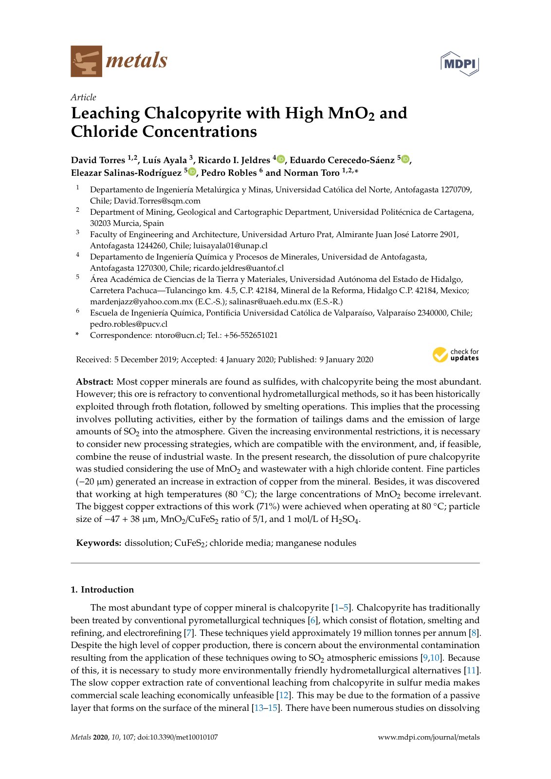 First page of 2020   Torres   Chalcopyrite leaching with manganese dioxide and chloride