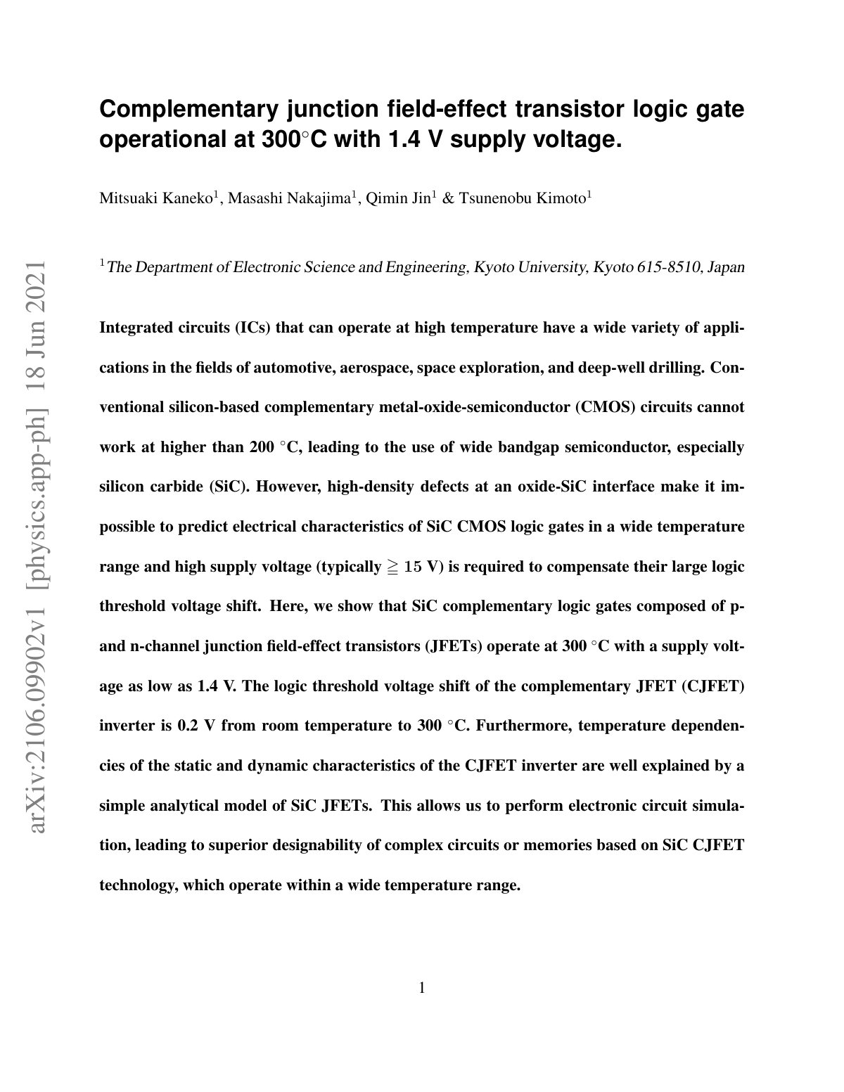 First page of Complementary junction ﬁeld-effect transistor logic gate
