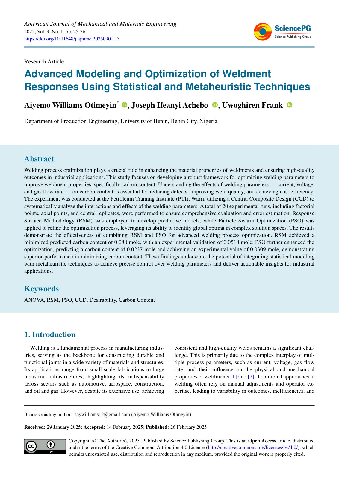 First page of Advanced Modeling and Optimization of Weldment Res