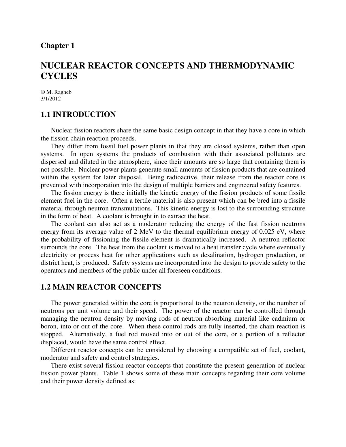 First page of Nuclear Reactors Concepts and Thermodynamic Cycles