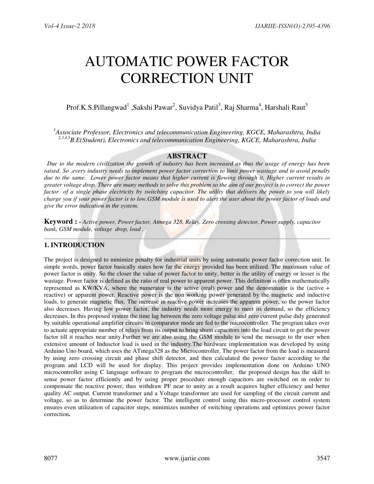 First page of AUTOMATIC POWER FACTOR CORRECTION UNIT