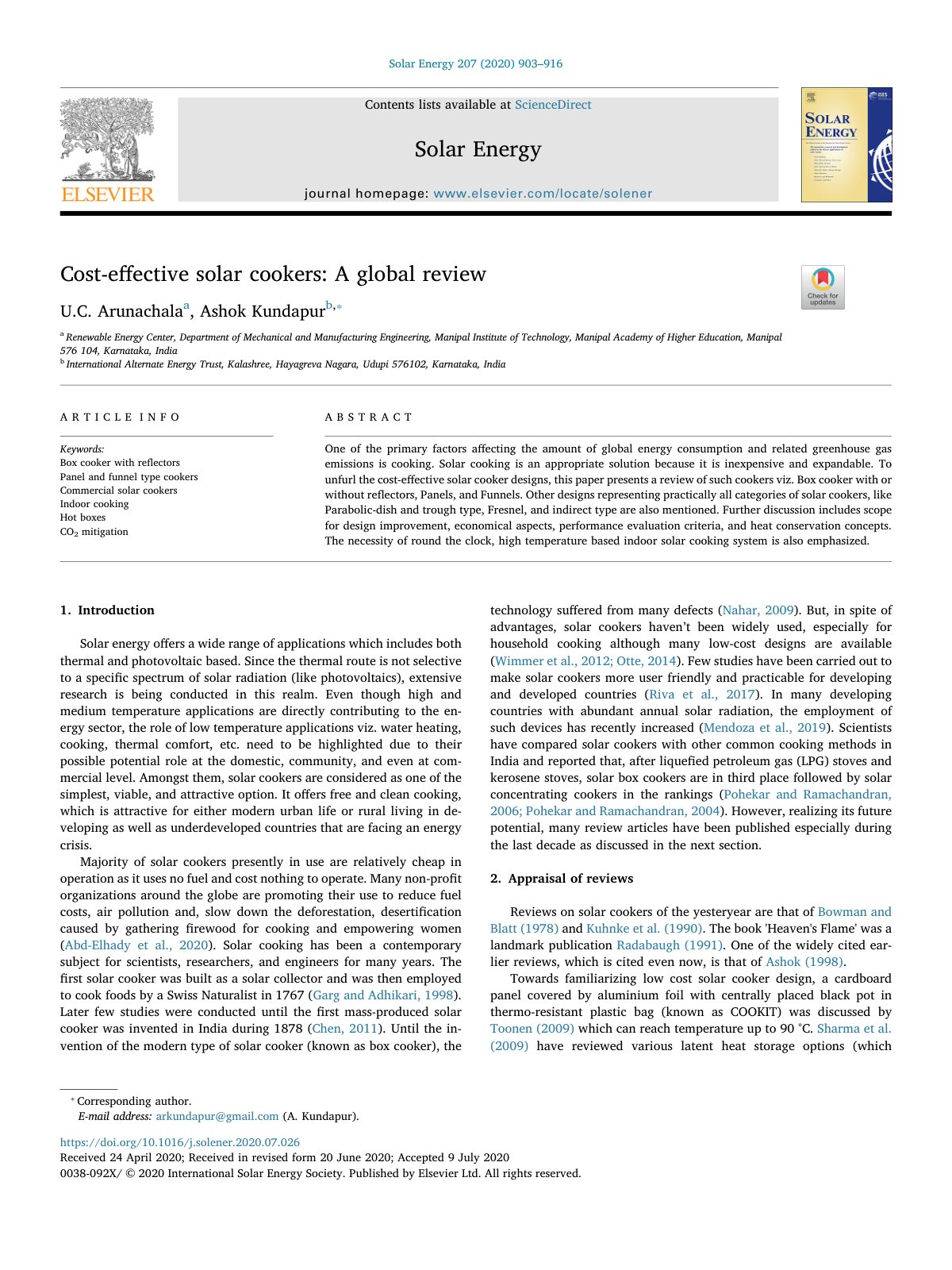 First page of Cost effective solar cookers A global re