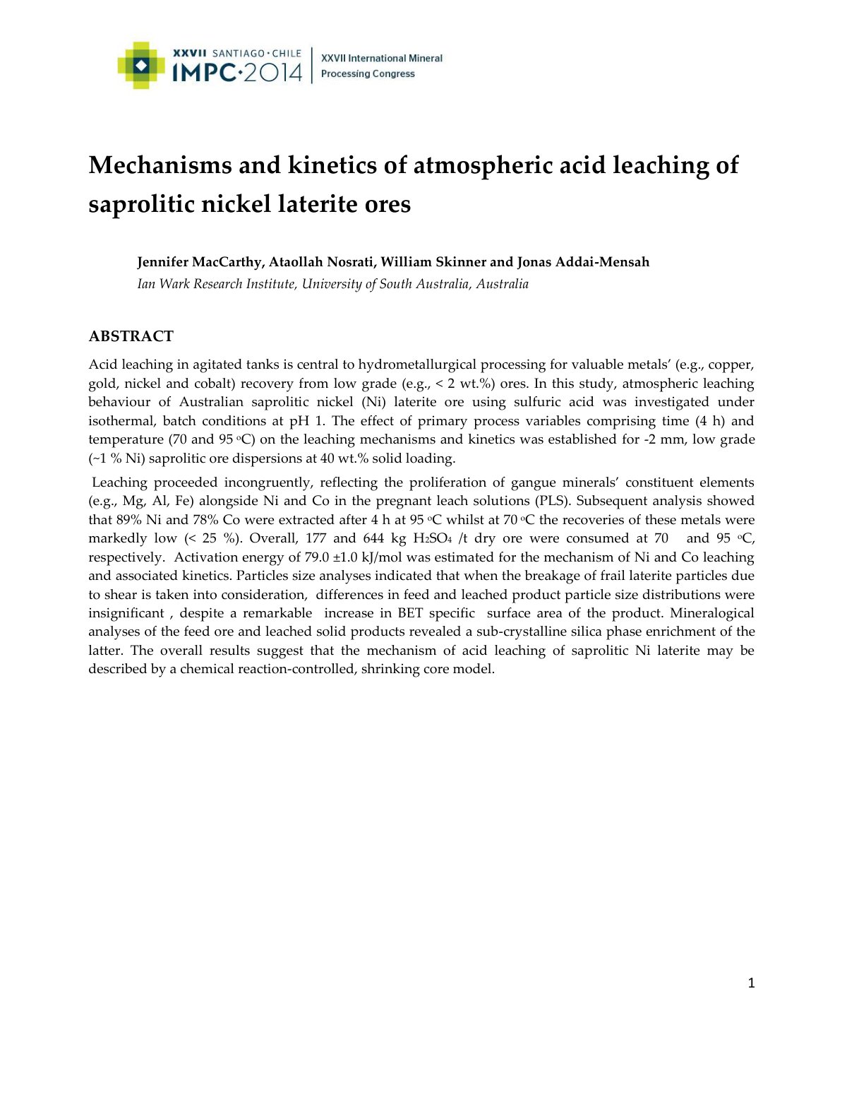 First page of Mechanisms and kinetics of atmospheric acid leaching of saprolitic nickel laterite ores