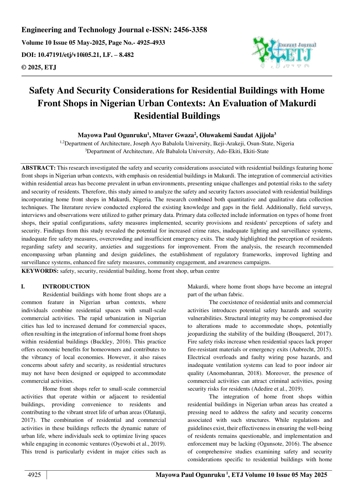 First page of Safety And Security Considerations for Residential Buildings with Home  Front Shops in Nigerian Urban Contexts: An Evaluation of Makurdi  Residential Buildings  