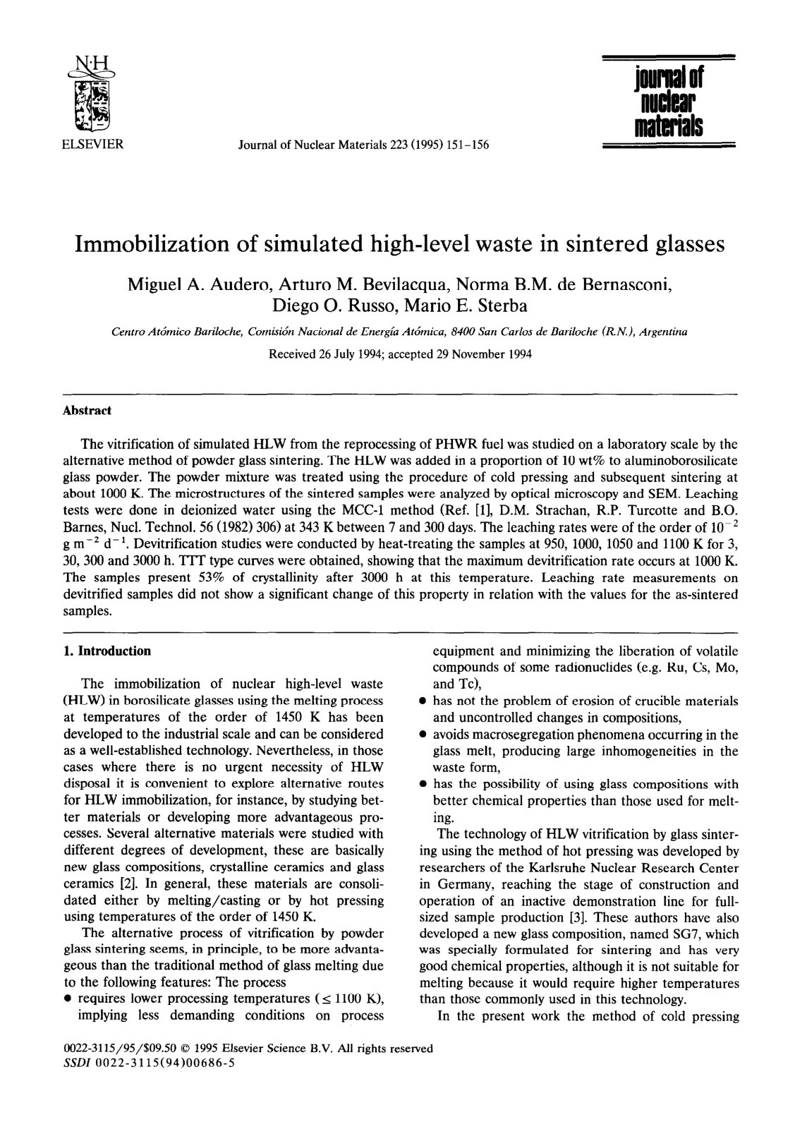 First page of Immobilization of simulated high level w