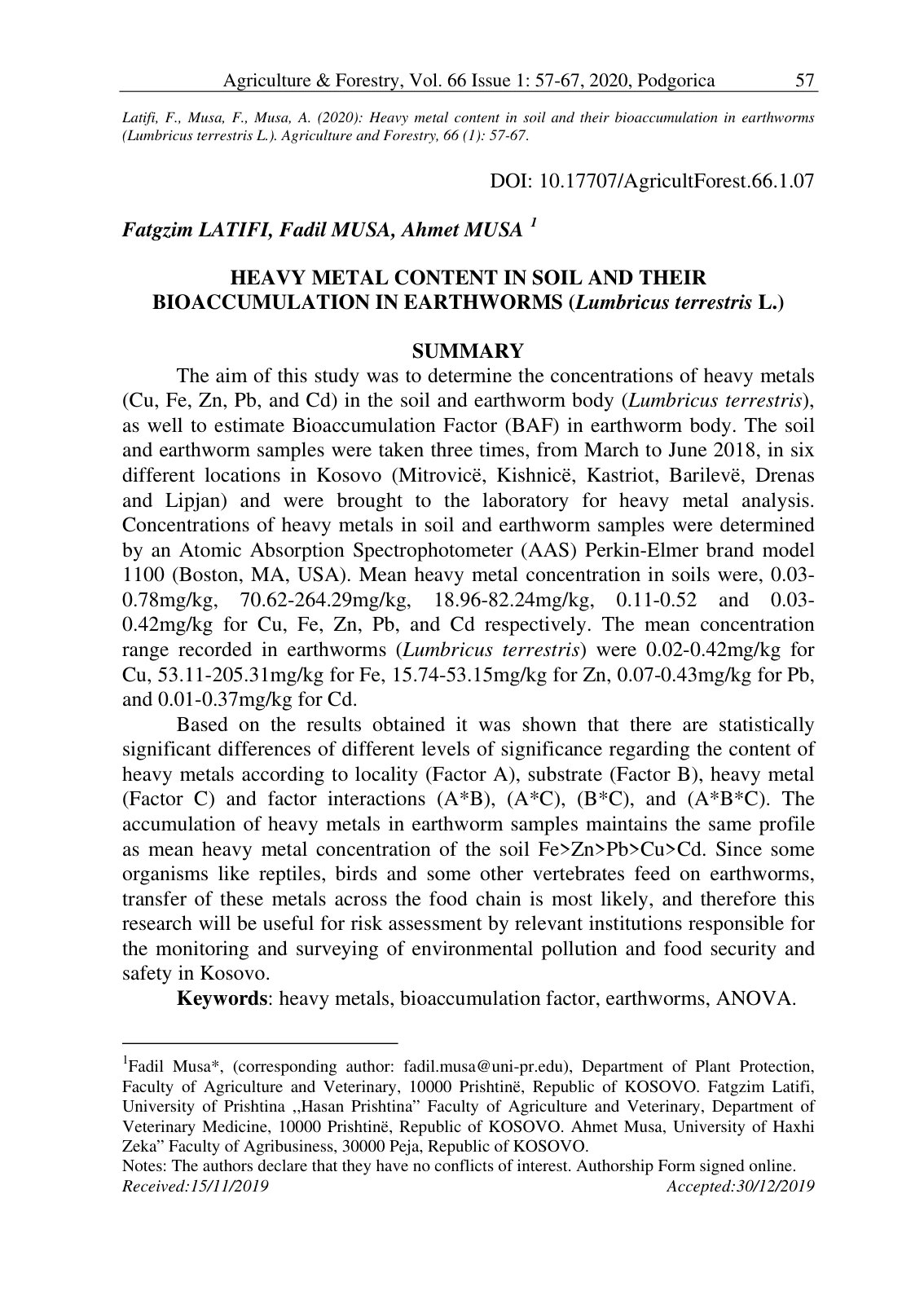 First page of Heavy metal content in soil and their bioaccumulation in earthworms (Lumbricus terrestris L.)