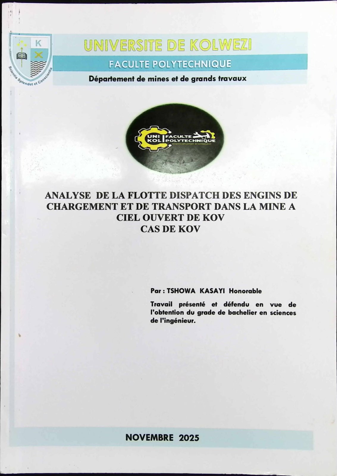 First page of ANALYSE DE LA FLOTTE DISPATCH DES ENGINDS DE CHARGEMENT ET DE TRANSPORT DANS LA MINE A CIEL OUVERT DE KOV