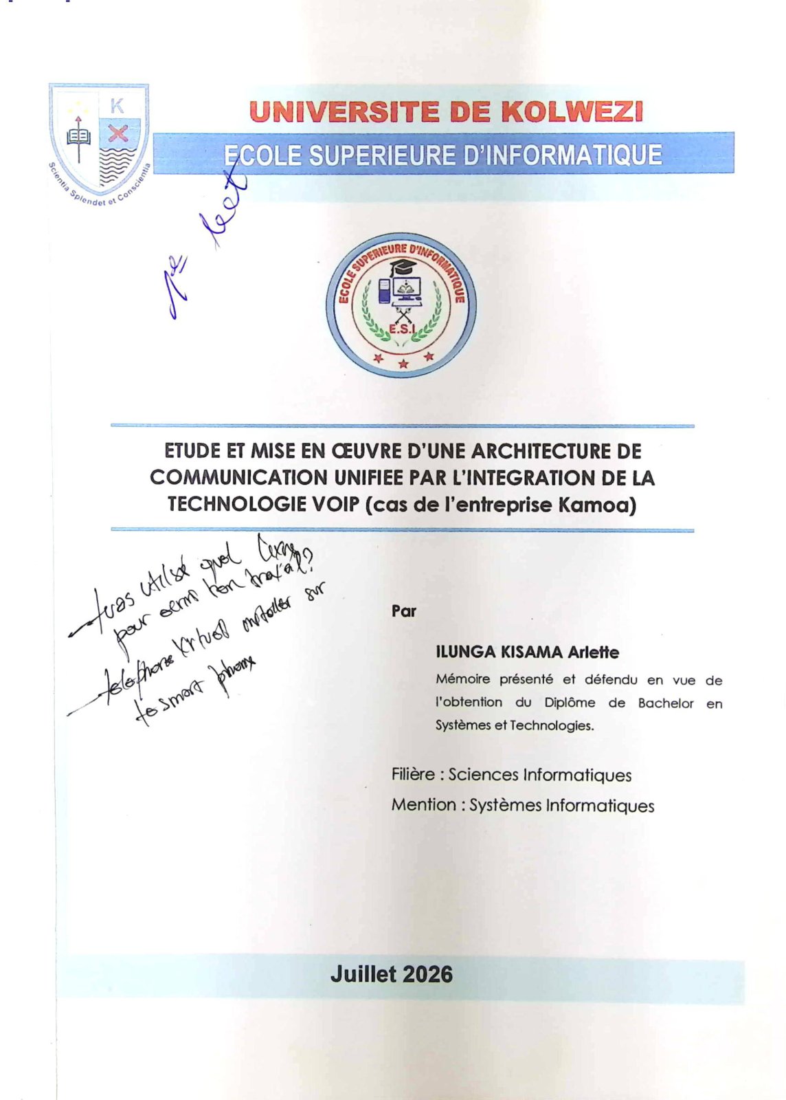 First page of ETUDE ET MISE EN CEUVRE D'UNE ARCHITECTURE DE COMMUNICATION UNIFIEE PAR L'INTEGRATION DE LA TECHNOLOGIE VOIP (cas de l'entreprise Kamoa)
