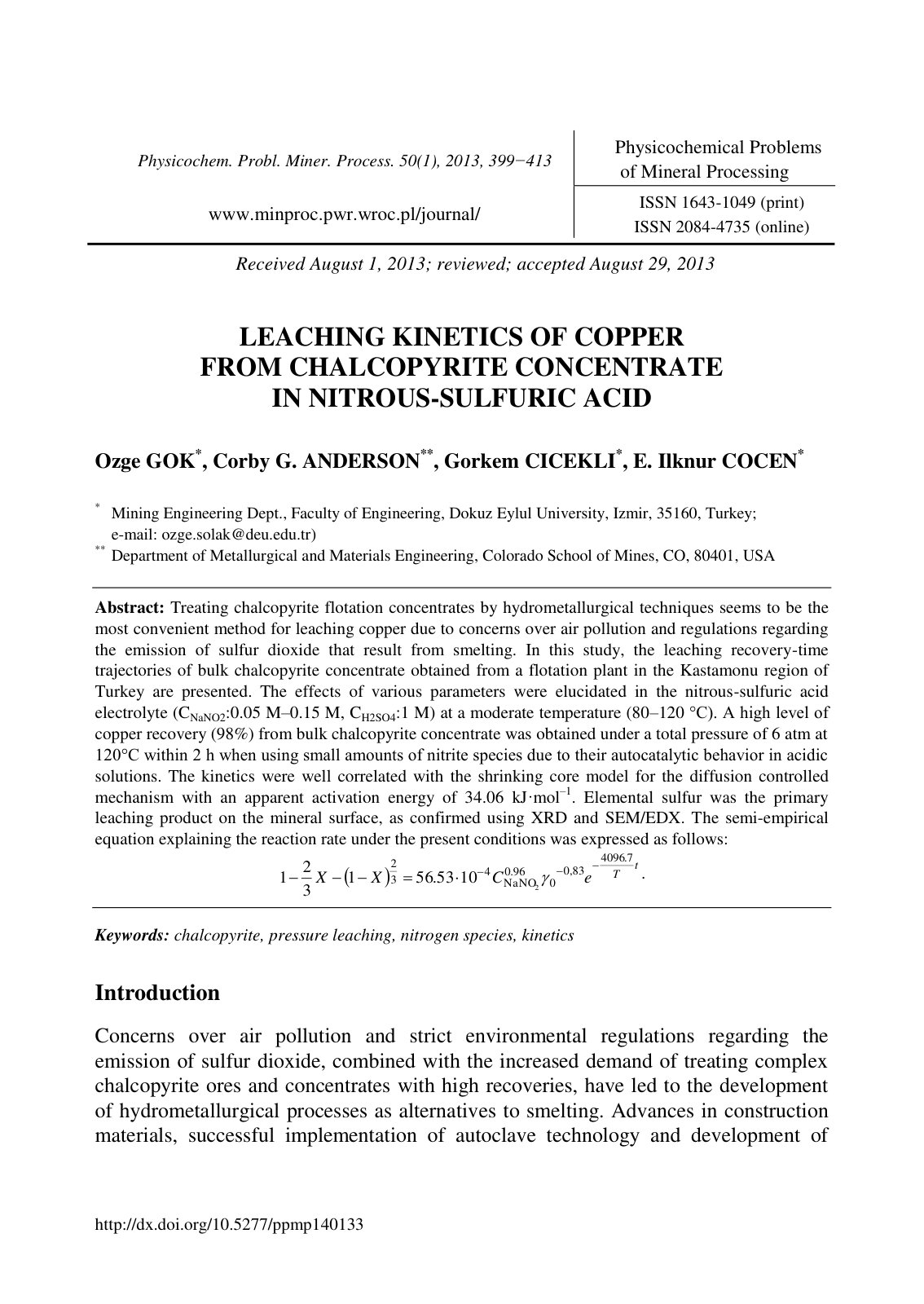 First page of Leaching kinetics of copper from chalcop