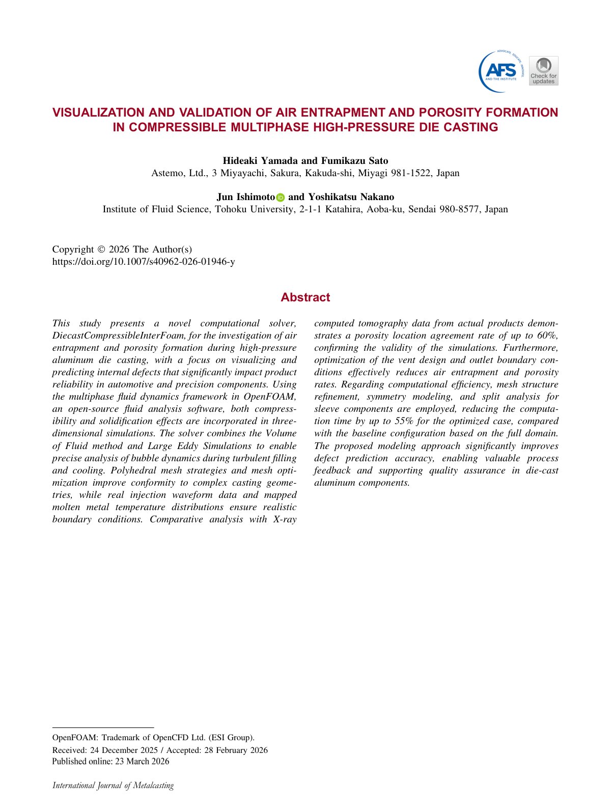 First page of 2026 Yamada Air Entrapment Porosity HPDC