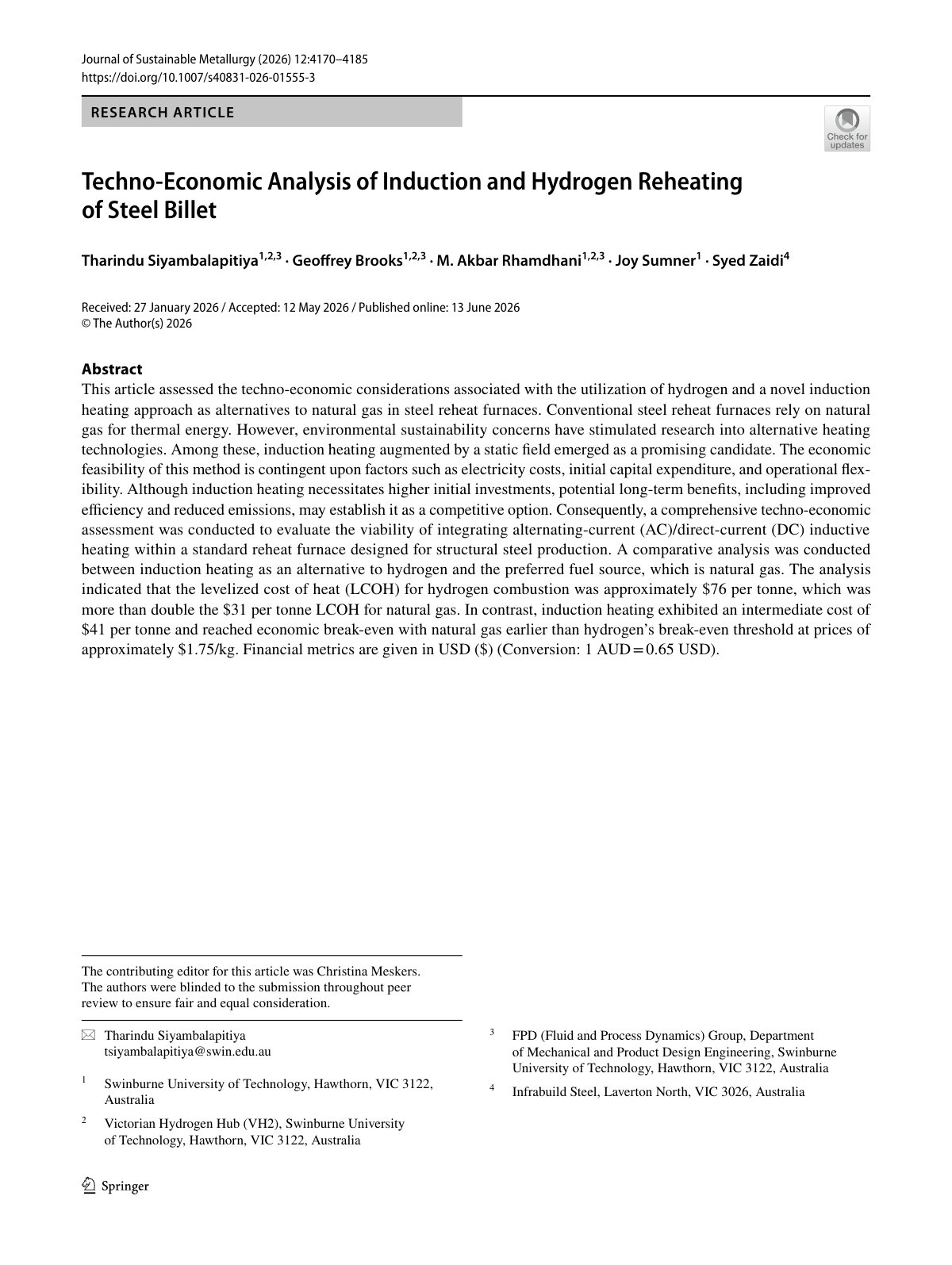 First page of 2026 Siyambalapitiya Induction Hydrogen Steel Billet Reheating
