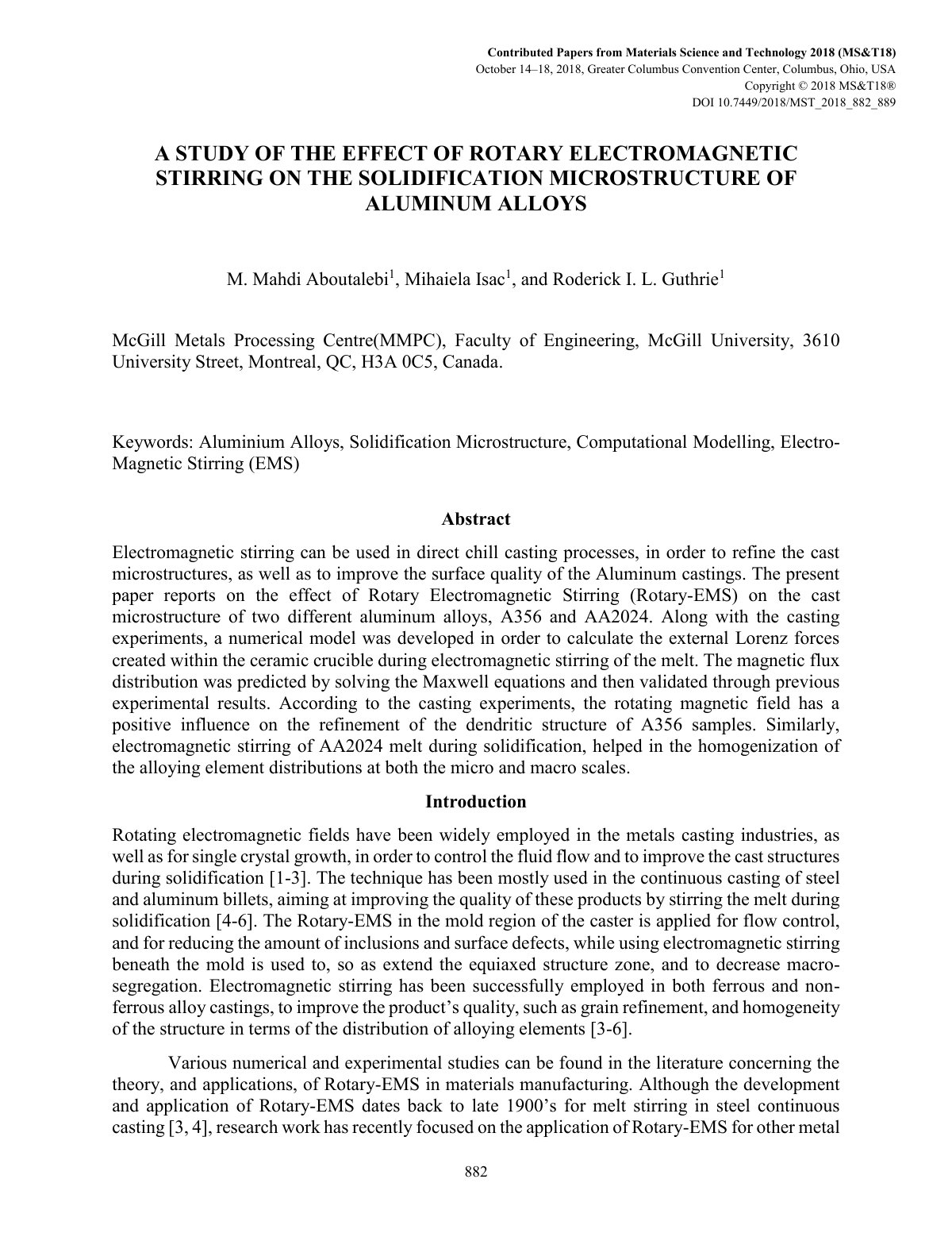 First page of A STUDY OF THE EFFECT OF ROTARY ELECTROMAGNETIC STIRRING ON THE SOLIDIFICATION MICROSTRUCTURE OF ALUMINUM ALLOYS