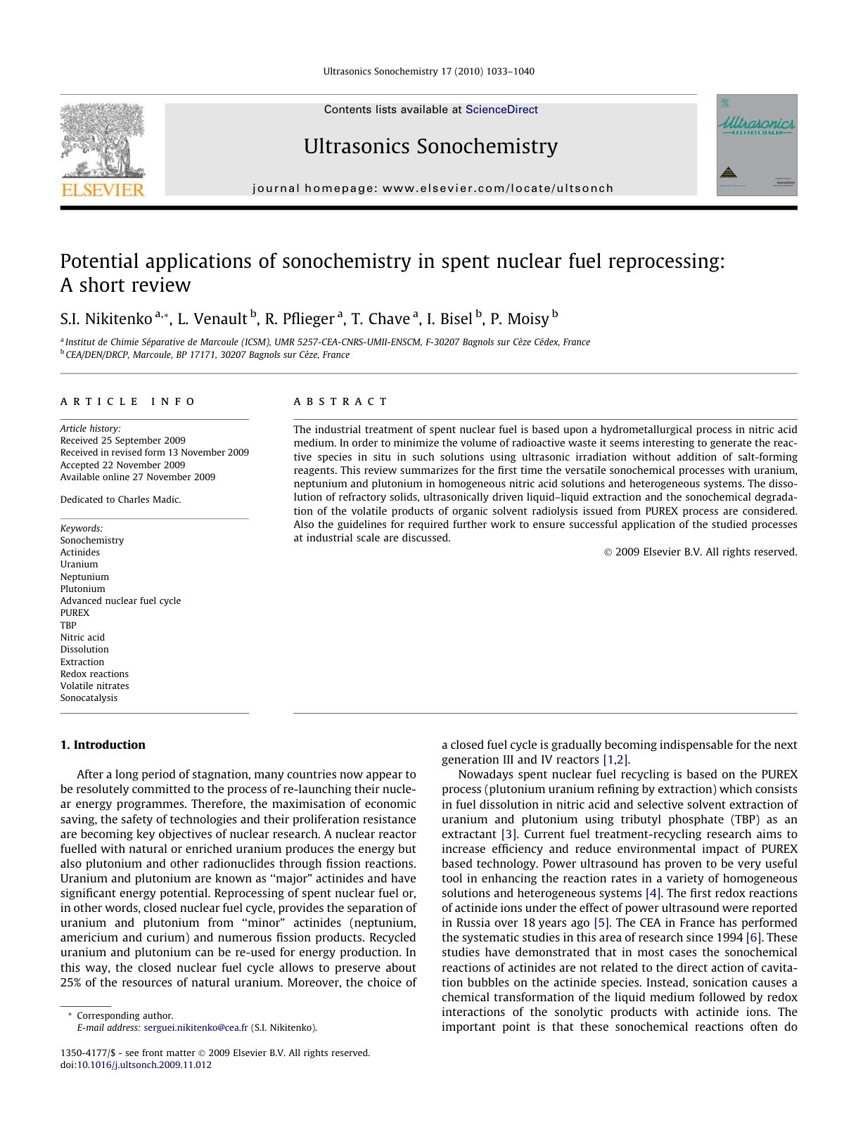 First page of Potential applications of sonochemistry in spent nuclear fuel reprocessing: A short review
