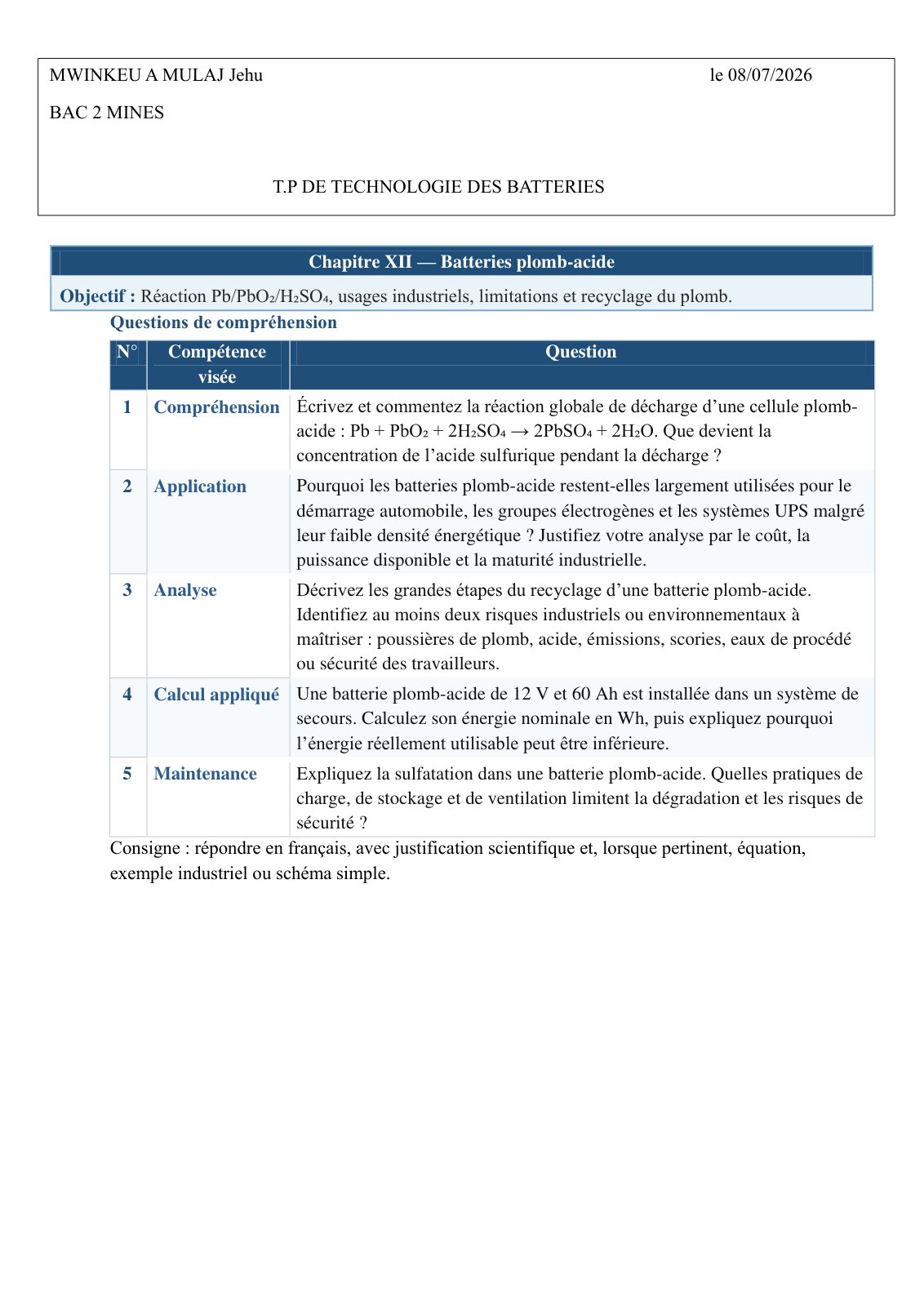 First page of MWINKEU BAC 2 MINES