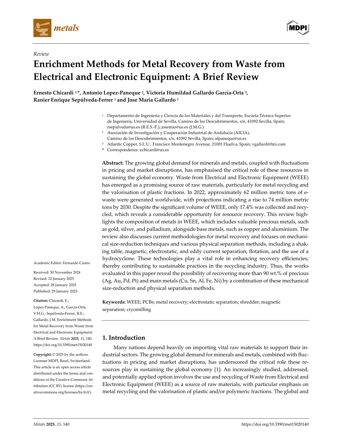 First page of Enrichment Methods for Metal Recovery from Waste from Electrical and Electronic Equipment: A Brief Review