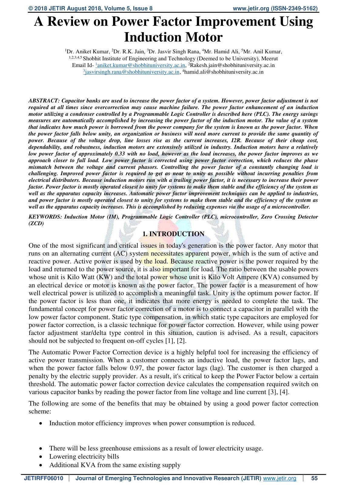 First page of A Review on Power Factor Improvement Usi