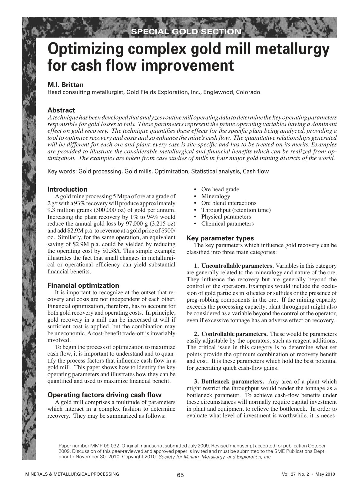 First page of Optimizing complex gold mill metallurgy