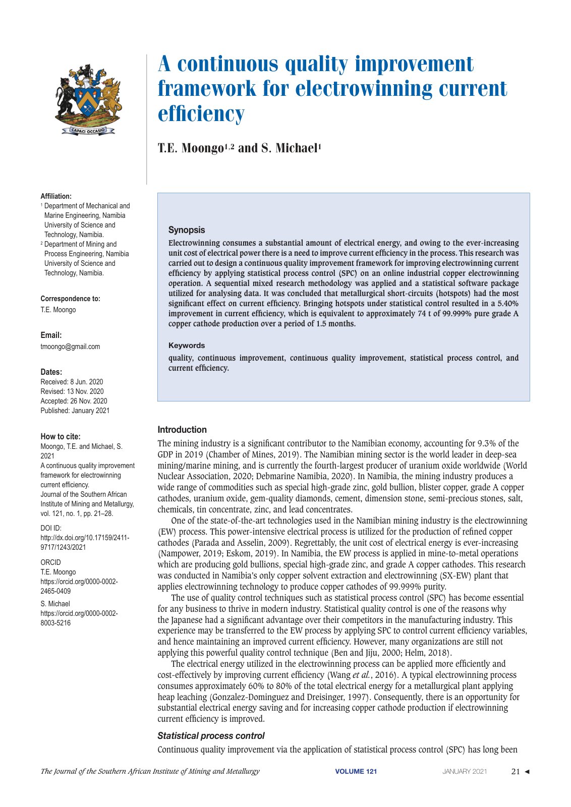 First page of A continuous quality improvement framework for electrowinning current efficiency