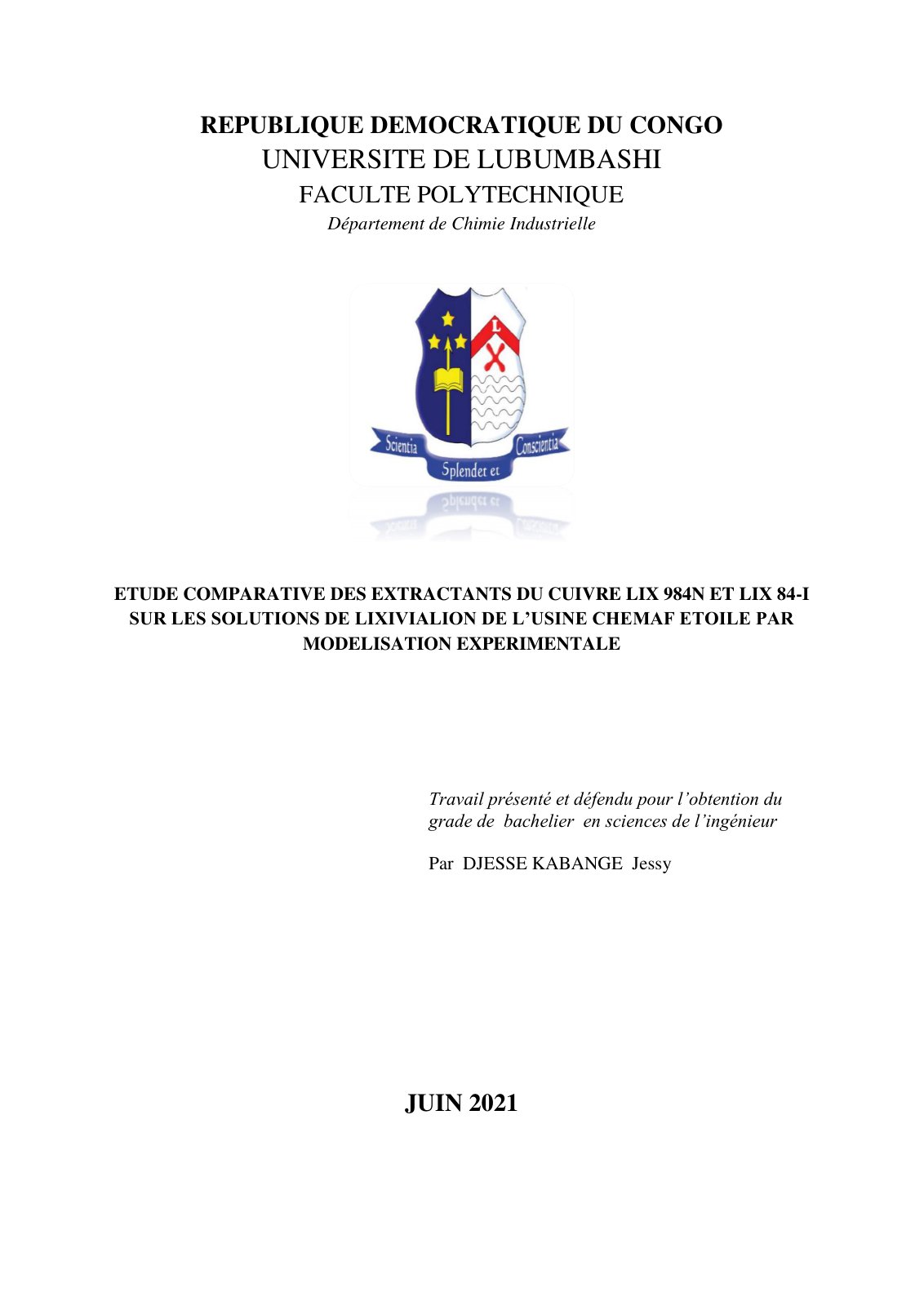 First page of ETUDE COMPARATIVE DES EXTRACTANTS DU CUIVRE LIX 984N ET LIX 84-I SUR LES SOLUTIONS DE LIXIVIALION DE L’USINE CHEMAF ETOILE PAR MODELISATION EXPERIMENTALE
