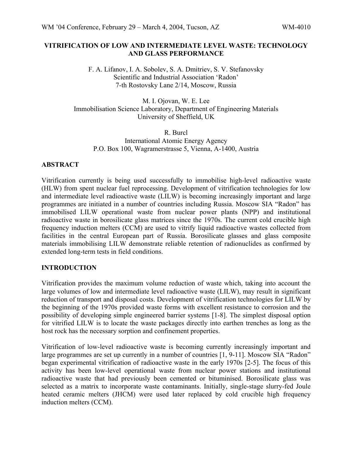First page of Vitrification of low and intermediate le
