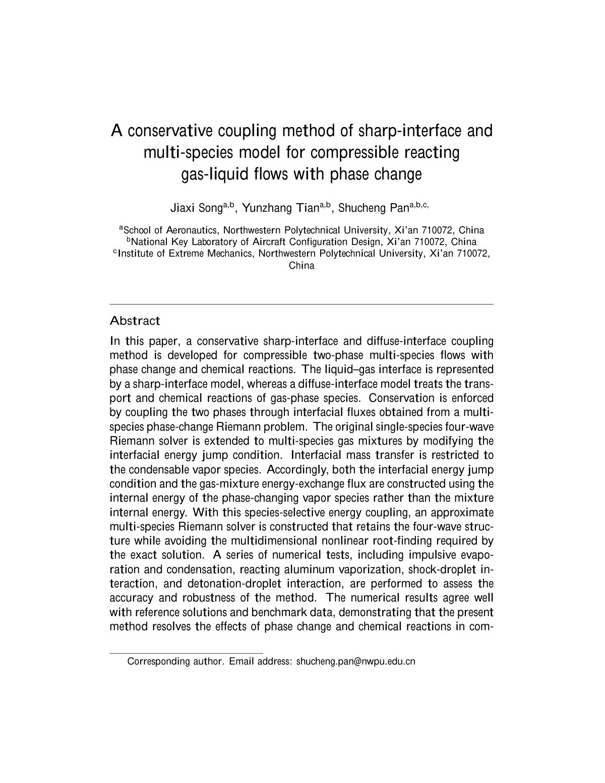 First page of 2026 Song Compressible Reacting Gas Liquid Flow Coupling