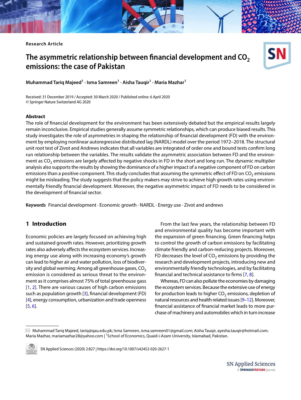 First page of The asymmetric relationship between financial development and CO2 emissions: the case of Pakistan