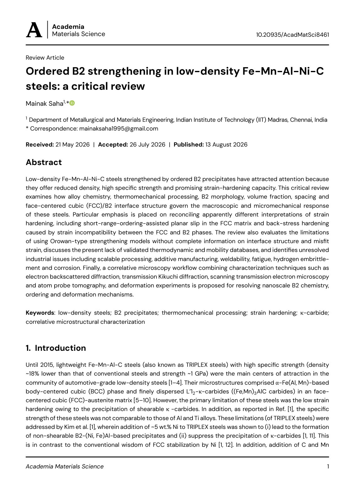 First page of Ordered B2 strengthening in low-density Fe-Mn-Al-Ni-C steels: a critical review